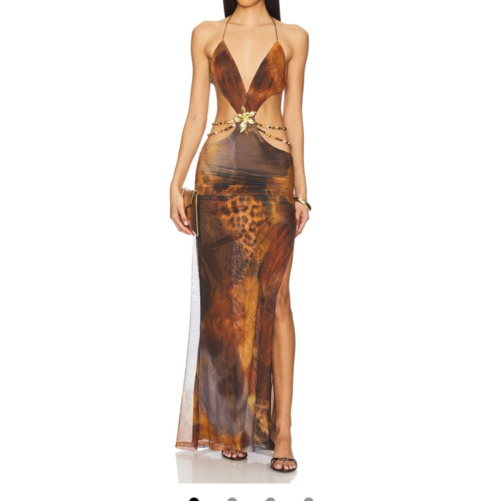 Jaded London Brown & Gold Animal-Print Backless Halter Maxi Dress